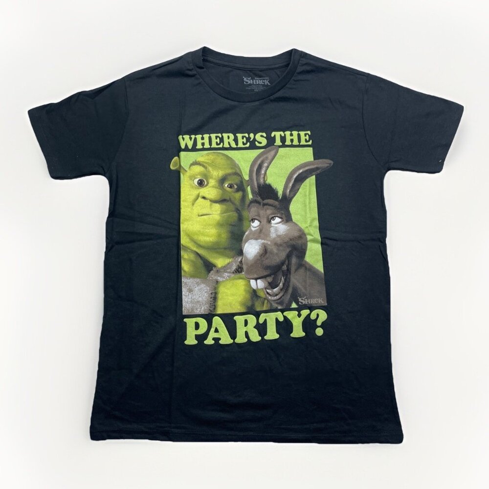 NEW Y2K Shrek Graphic T-Shirt Where's the Party Donkey Universal Black  Size XS